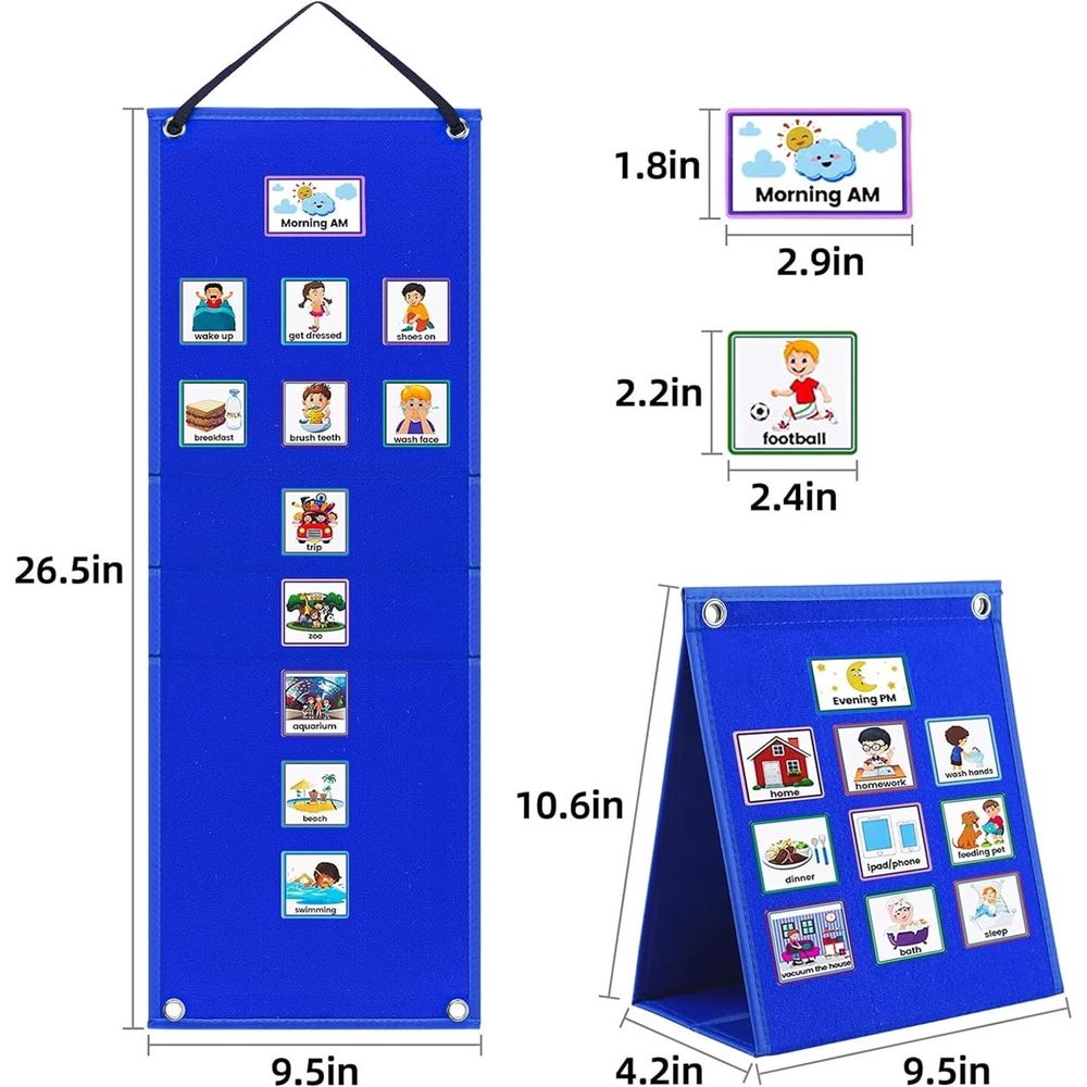 Blue kids' daily chore routine chart by Everything Baby, visual schedule for home and school, helps with autism learning and behavior.