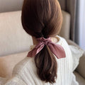 Six satin silk hair scrunchies with bow knots in neutral colors, elastic ponytail holders for women's hair accessories.