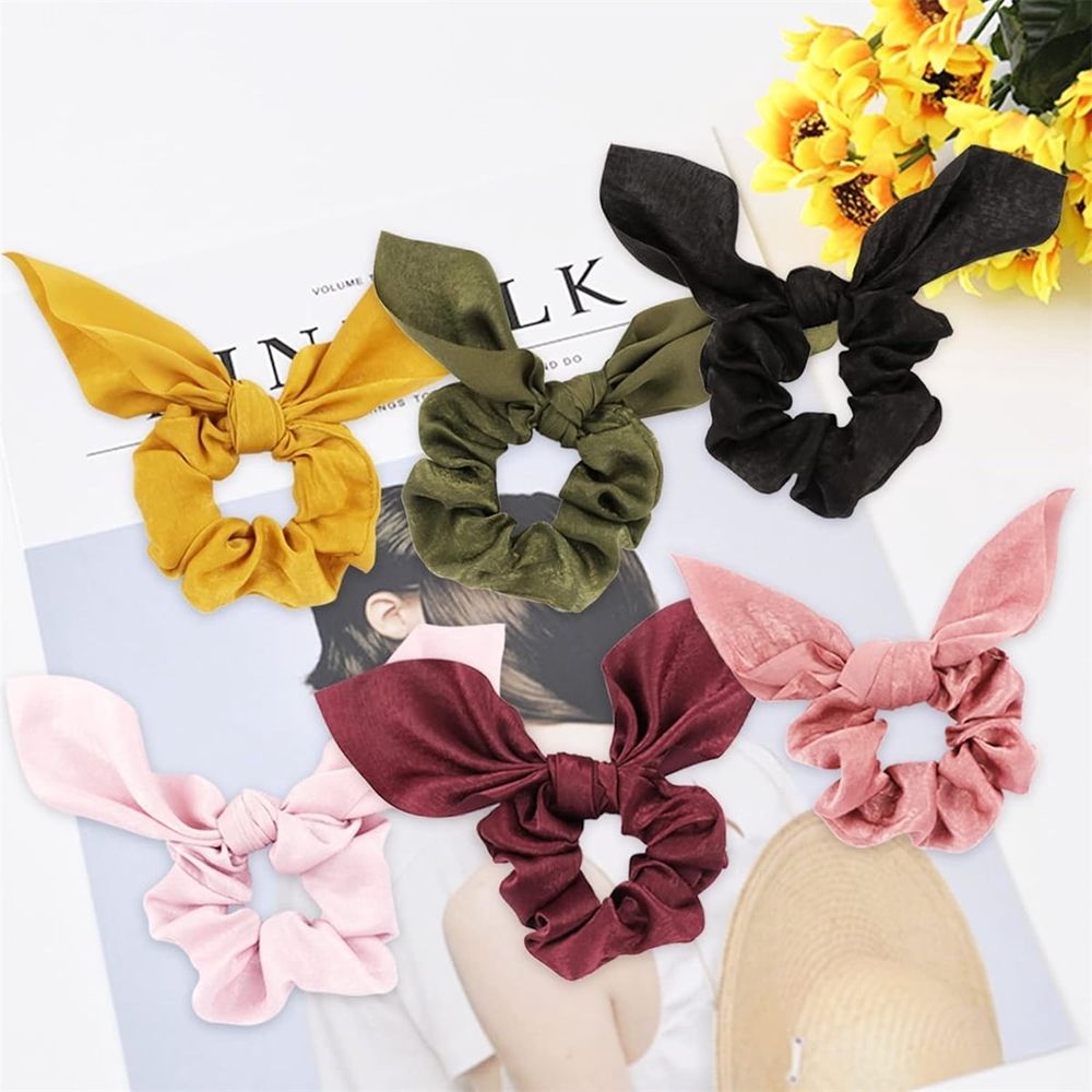Six neutral satin silk bowknot hair scrunchies for women, elastic ponytail holders in soft, elegant fabric.