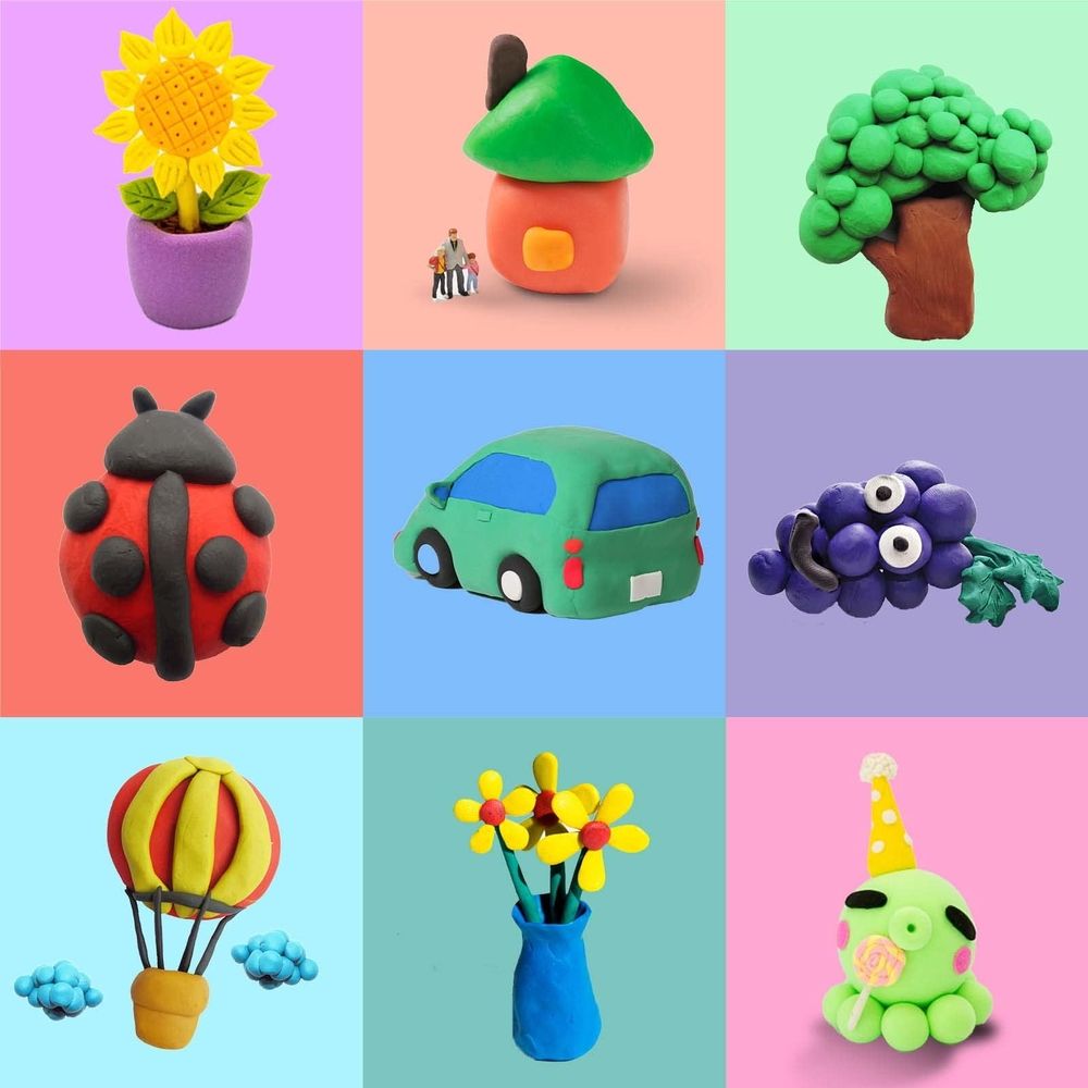 Colorful air dry modeling clay in 24 bright shades with tools, soft and lightweight, suitable for kids' outdoor play and creative toys.