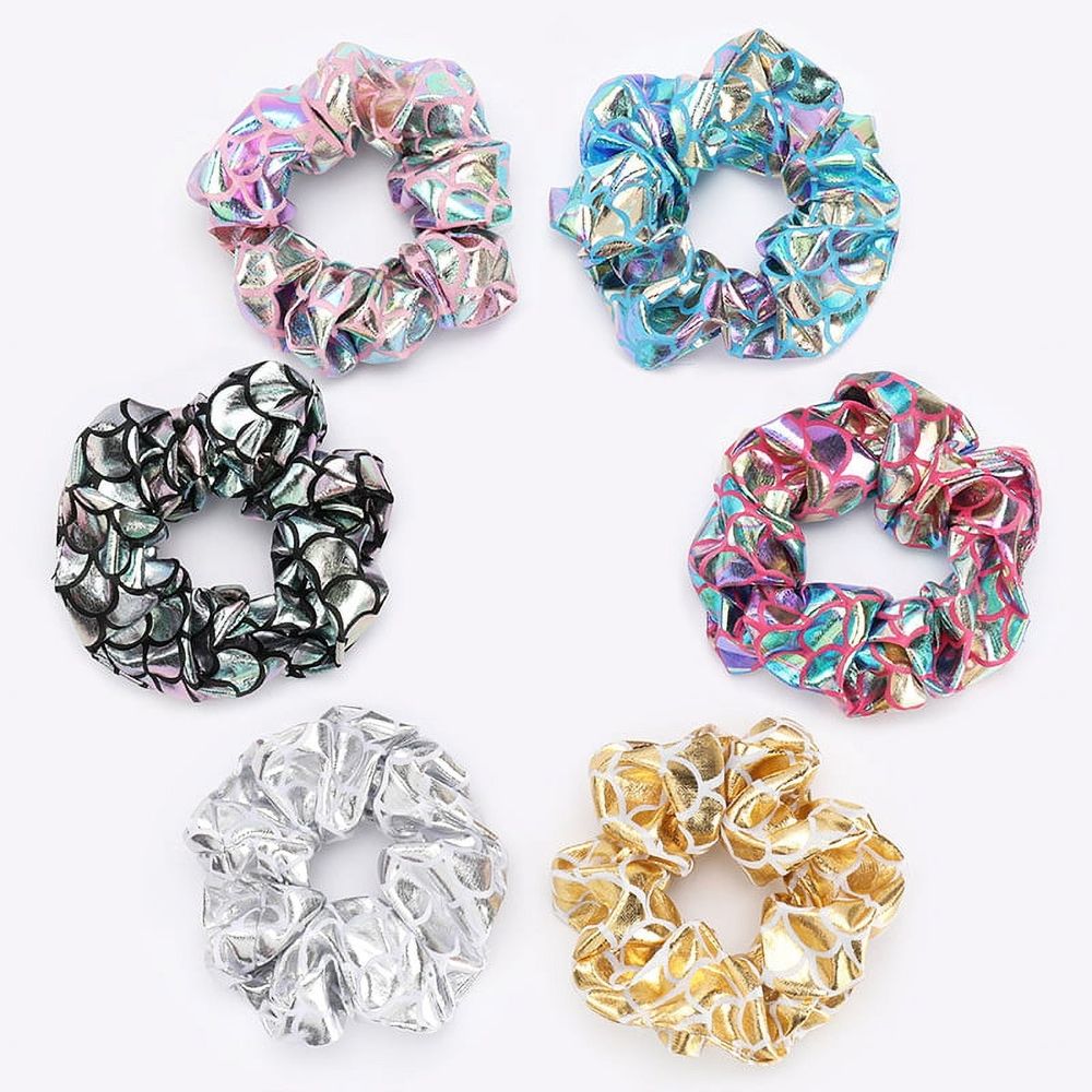 Six large gold metallic lame leaf hair scrunchies for girls, shiny elastic ponytail holders for dance, gym, or show occasions.
