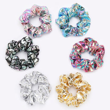 Six large gold metallic lame leaf hair scrunchies for girls, shiny elastic ponytail holders for dance, gym, or show occasions.