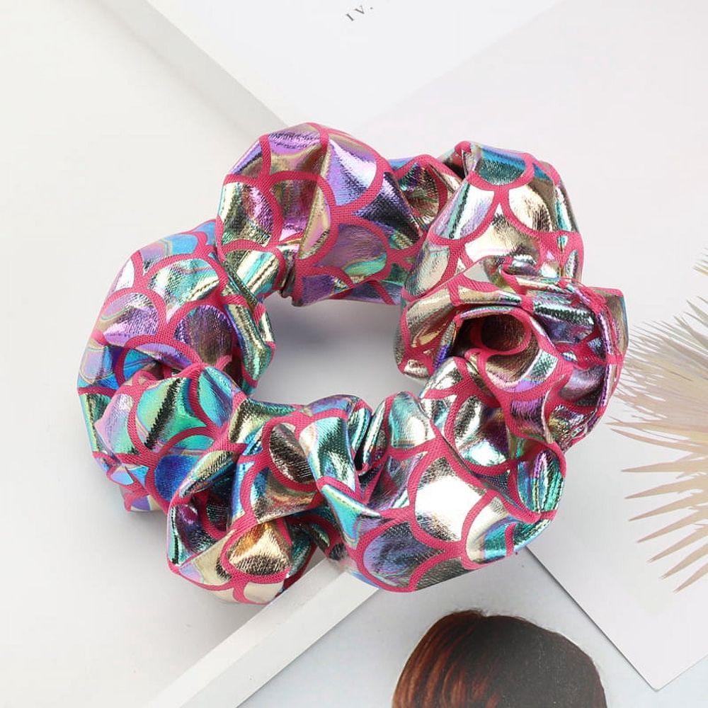 Six large gold metallic lame leaf hair scrunchies for girls, shiny elastic ponytail holders, perfect for dance, gym, or parties.