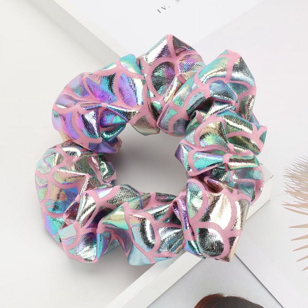 Six gold metallic lame leaf hair scrunchies for girls, shiny elastic ponytail holders, perfect for dance, gym, or party looks.