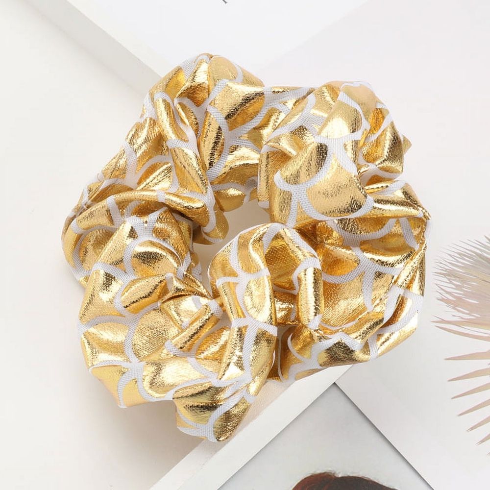 Six gold metallic lame leaf hair scrunchies for girls, shiny elastic ponytail holders, perfect for dance, gym, or party wear.