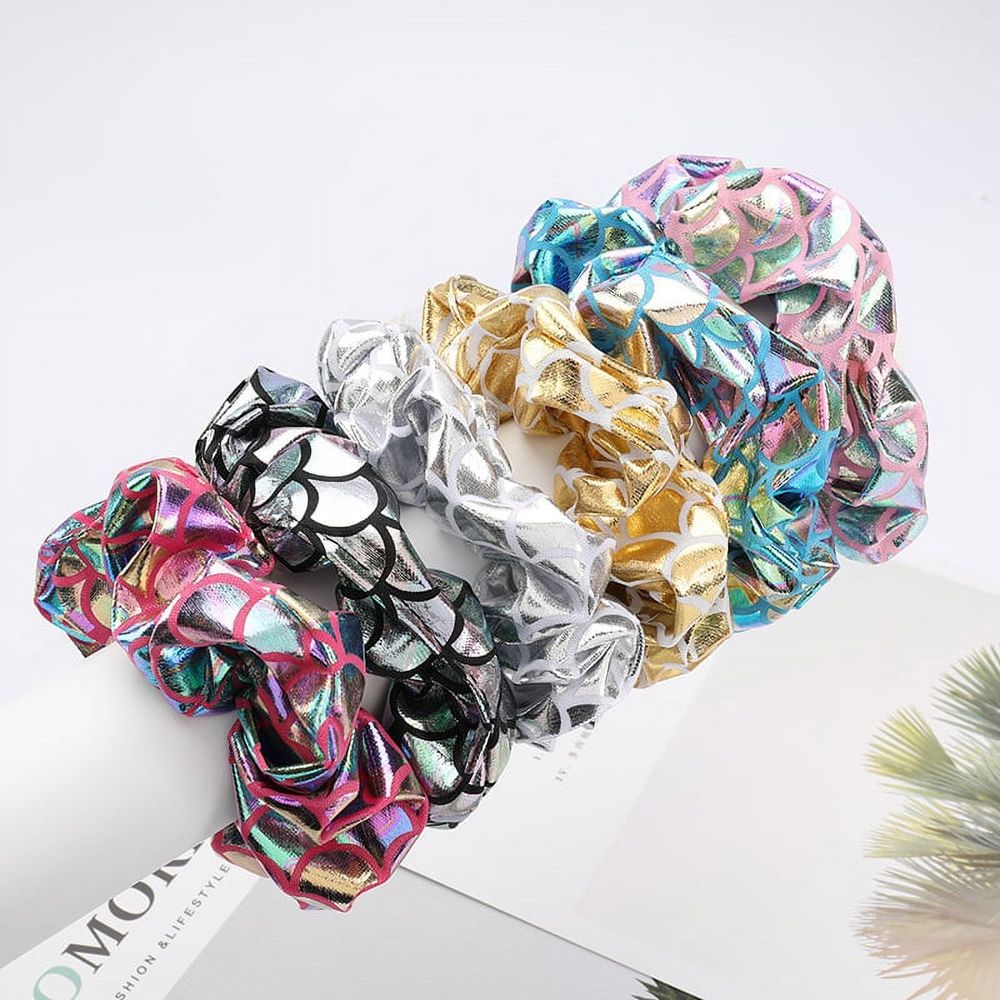 Six large gold metallic lame leaf hair scrunchies for girls, shiny ponytail holders for dance, gym, or party looks.