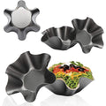 Black petal-shaped carbon steel baking bowl, tortilla pan set for taco shells and salads, non-stick cook and serve cookware.