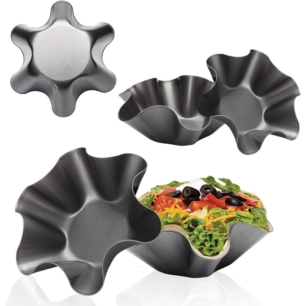 Black petal-shaped carbon steel baking bowl, tortilla pan set for taco shells and salads, non-stick cook and serve cookware.
