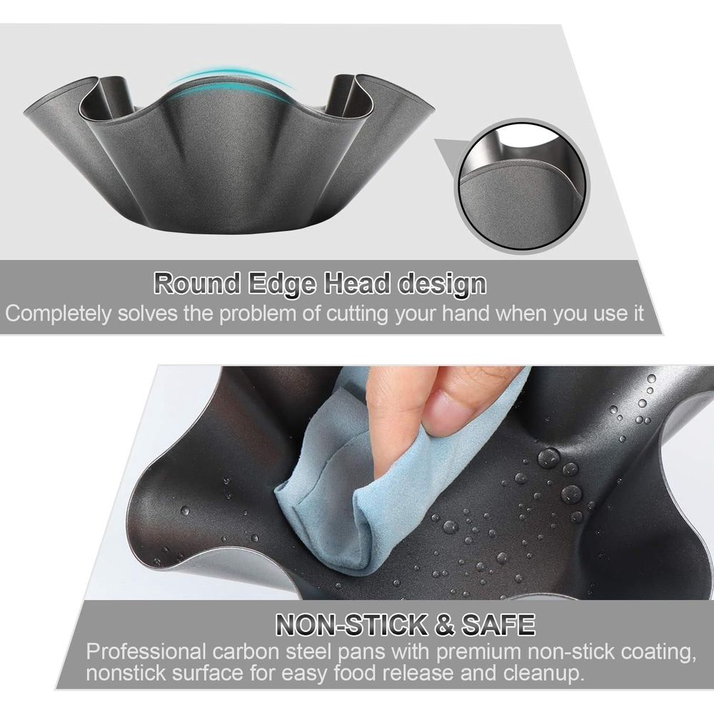 Black petal-shaped carbon steel baking bowl for tortillas, part of a tortilla pan set, non-stick taco salad shell maker for kids' pretend play.