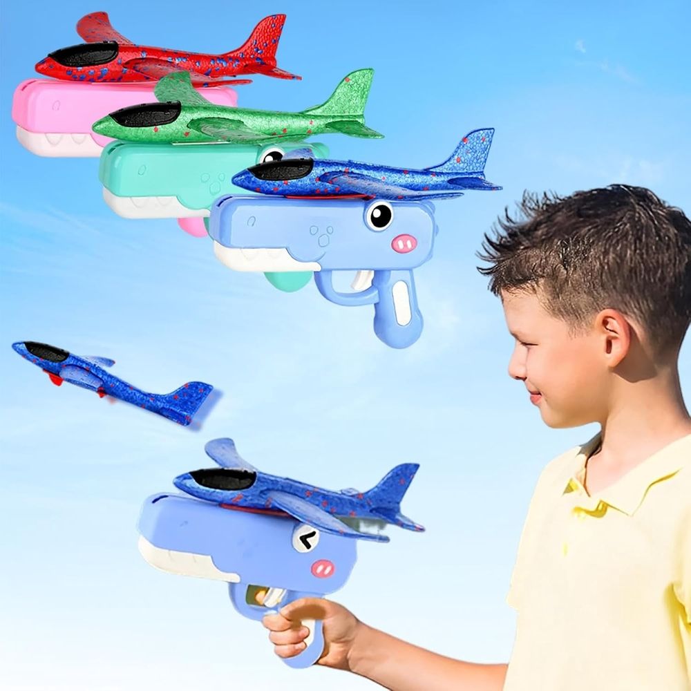 Two airplane launchers toy set for kids, flying toy planes for boys and girls, outdoor pretend play toy for ages 4 to 12.