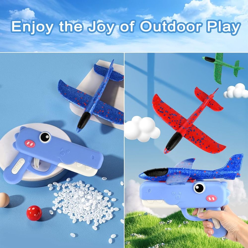 Kids flying airplane launcher toy from Everything Baby, outdoor pretend play toy plane for boys and girls ages 4 to 12.