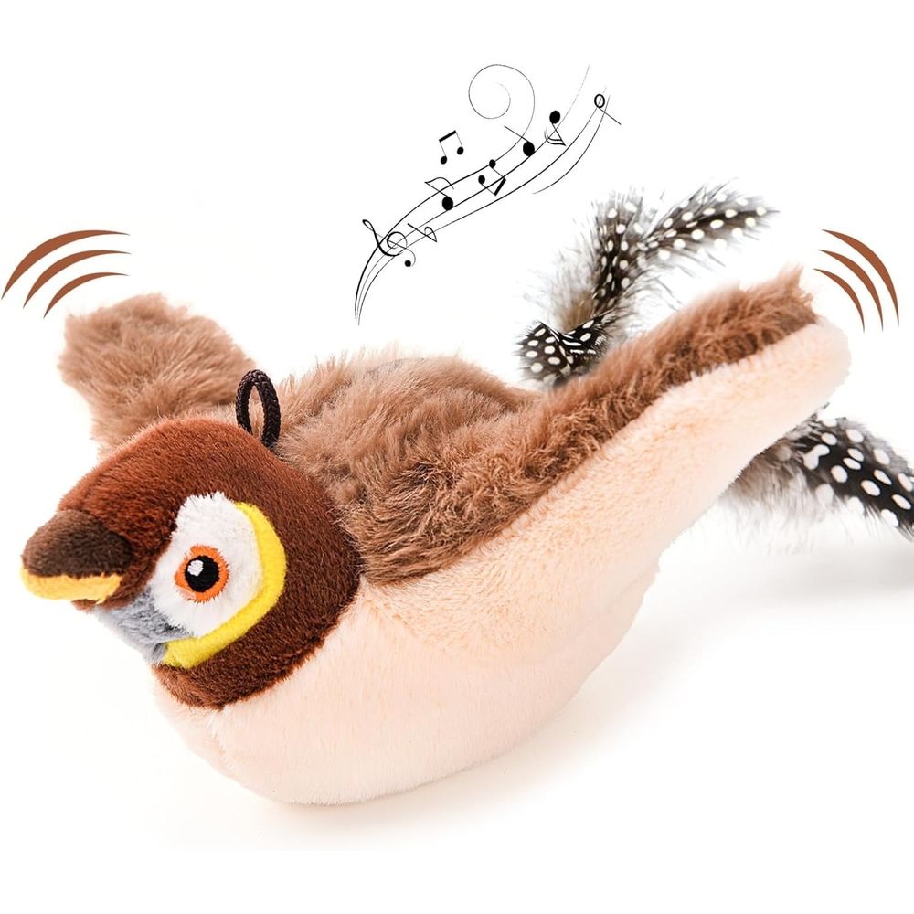 Rechargeable flying bird cat toy with simulated chirping and catnip, designed for indoor cats, by Everything Baby.