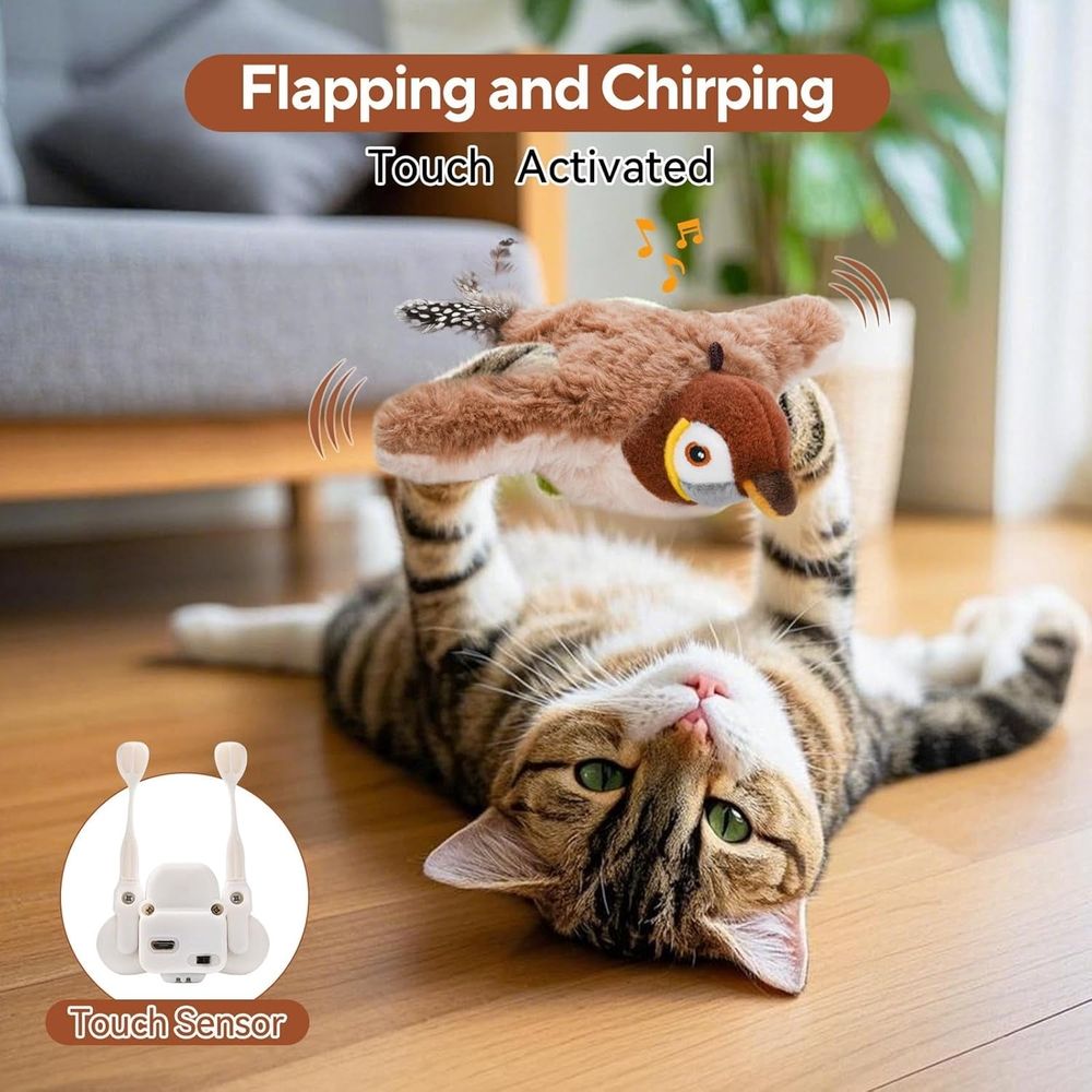 Rechargeable flying bird cat toy with simulated chirping, interactive catnip toy for indoor cats from Everything Baby.