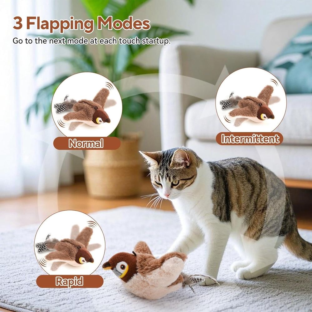 Rechargeable flying bird cat toy with simulated chirping, interactive catnip toy for indoor cats, by Everything Baby.