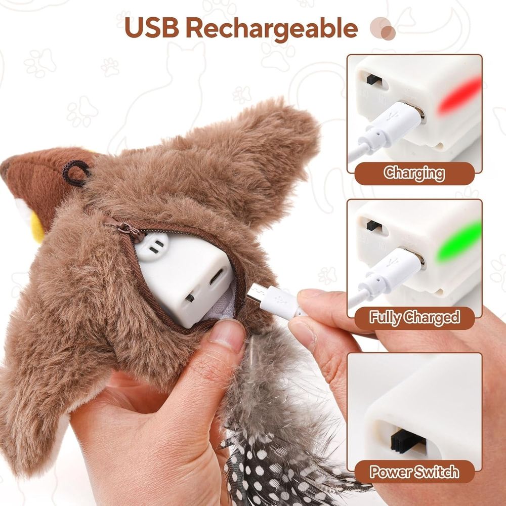 Rechargeable Flying Bird Cat Toy with simulated chirping and catnip for indoor cats, designed for interactive pretend play.