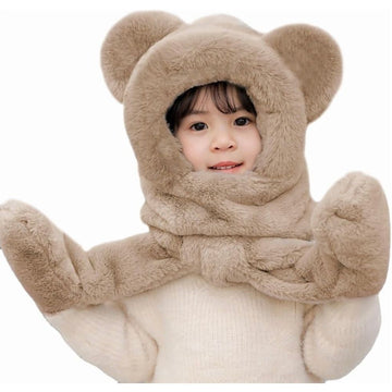Kids winter 3-in-1 hat scarf gloves set with faux fur trim, plush beanie, neck warmer, and mittens for cold weather outdoor fun.