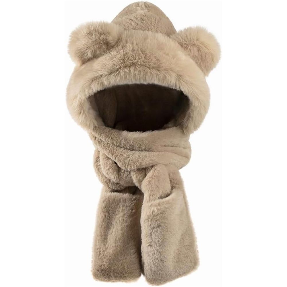 Kids winter 3-in-1 hat, scarf, gloves set with faux fur trim, plush beanie, neck warmer, and mittens for cold weather outdoor fun.