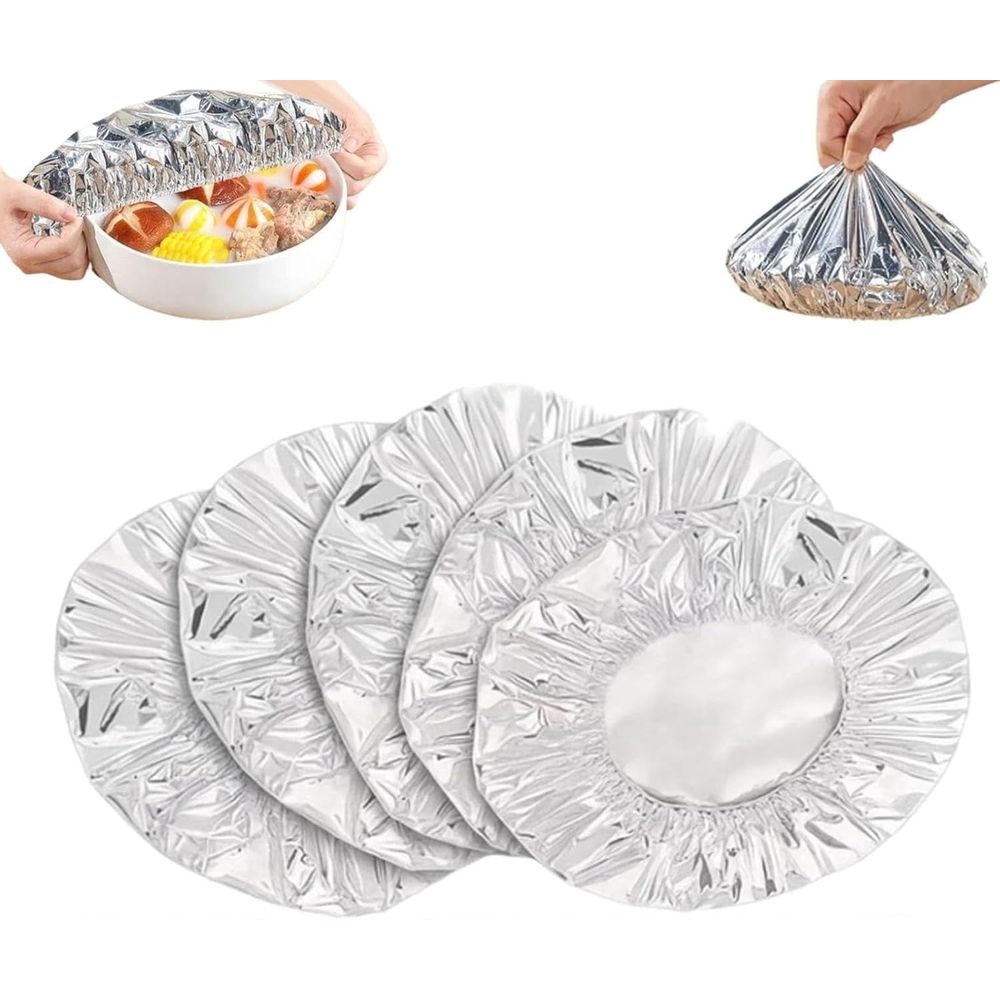 Reusable aluminum foil heat lid with elastic edges, designed for food storage, BPA-free, high temperature resistant, suitable for plates.