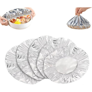 Reusable aluminum foil heat lid with elastic edges, designed for food storage, BPA-free, high temperature resistant, suitable for plates.