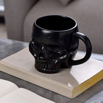 Gothic Novelty Drinkware, Goth Skull Shaped Black Glazed Ceramic Mugs, Decorative Halloween Themed Skeleton Head Drinking Cups with Handles, Black
