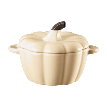 Pumpkin Bowl with Lid and Handle, Ceramic Ramekins for Baking, Casserole Dish Individual Severing Pot, Stoneware, Oven Safe, 10 Oz (Beige)