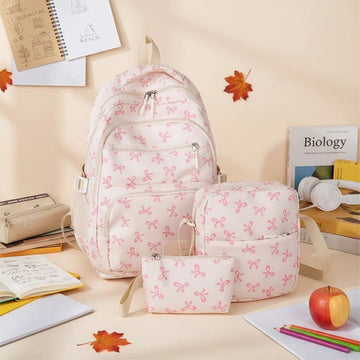 Bow Backpack For Women,3pcs Set Coquette Aesthetic Nylon Rucksack Casual Cute Back Pack With Bow Pattern Stylish Daypack for College, Travel & Daily Use, Gift for Women & Teens