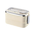Stainless steel double layer lunch box with multiple compartments, microwave safe, portable, ideal for kids' school or outdoor meals.