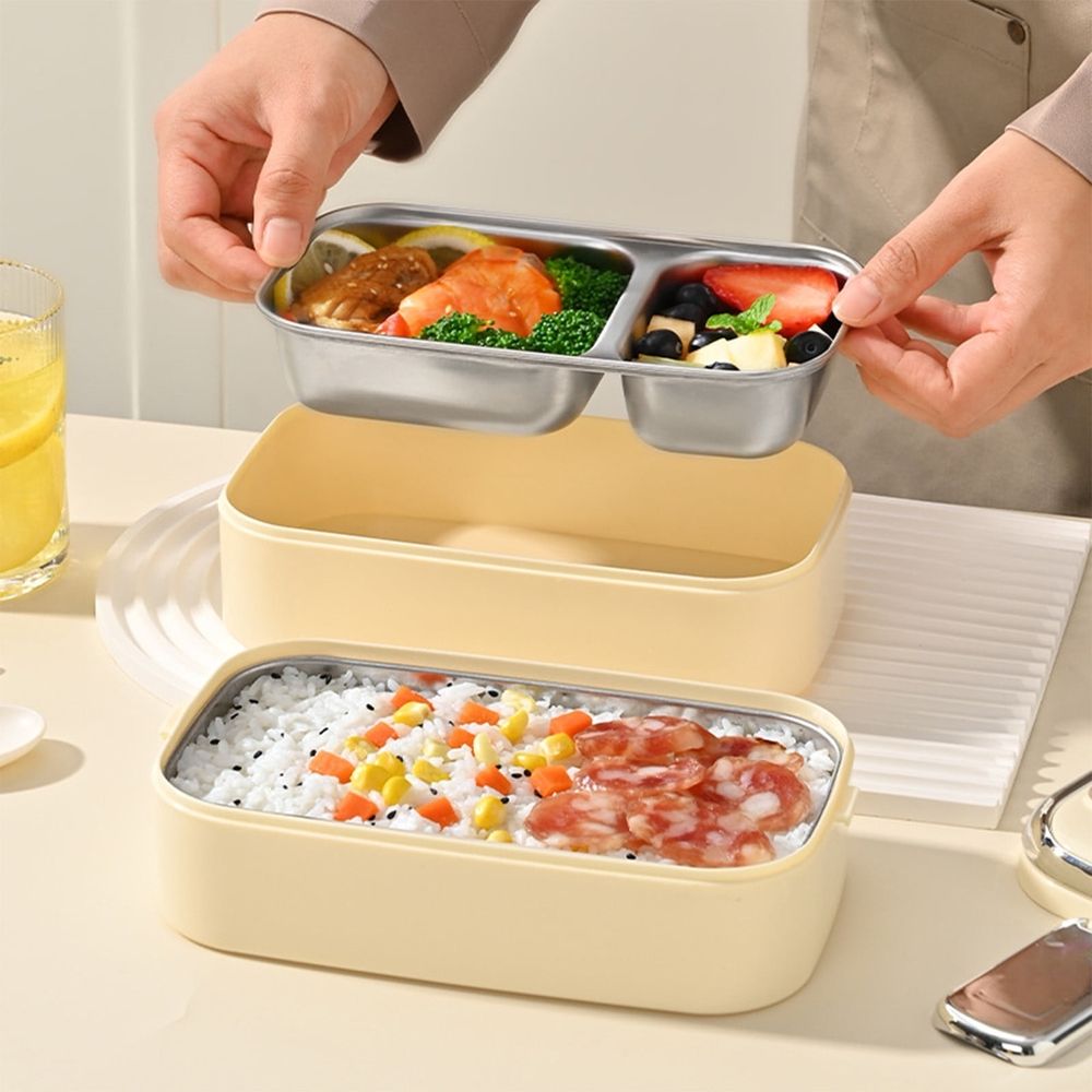 Stainless steel double layer lunch box by Everything Baby, microwave-safe bento with multiple compartments for kids' meals.