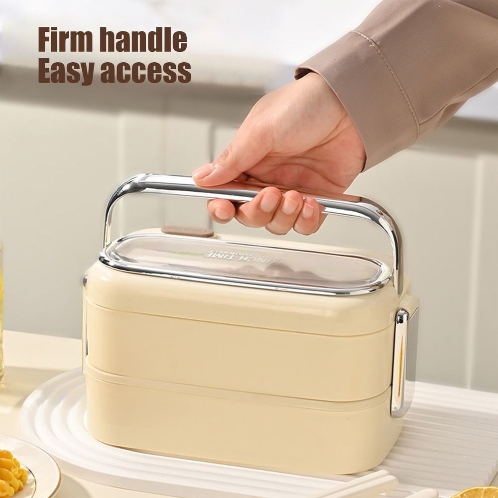 Stainless steel double layer lunch box by Everything Baby with multiple compartments, microwave safe, ideal for kids' meals at school or outdoors.