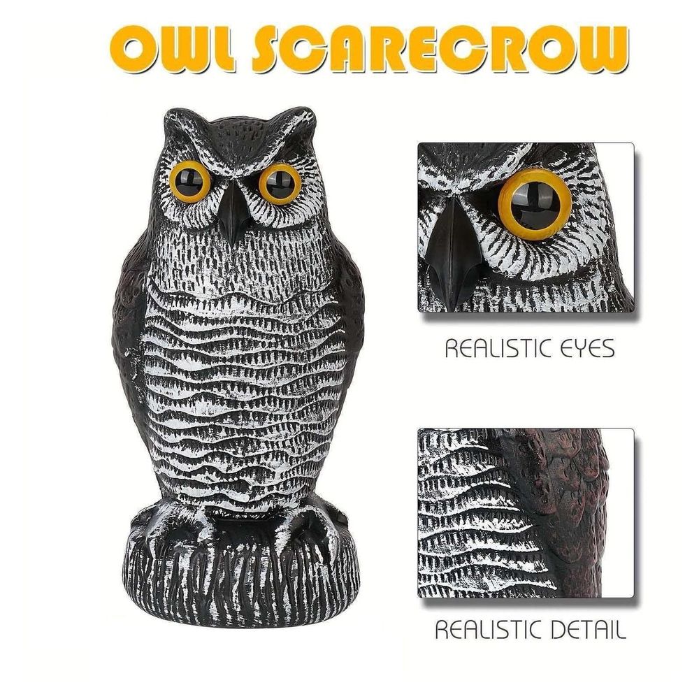 Realistic plastic owl decoy for garden decoration, designed to scare rodents and birds in outdoor courtyards and farms.
