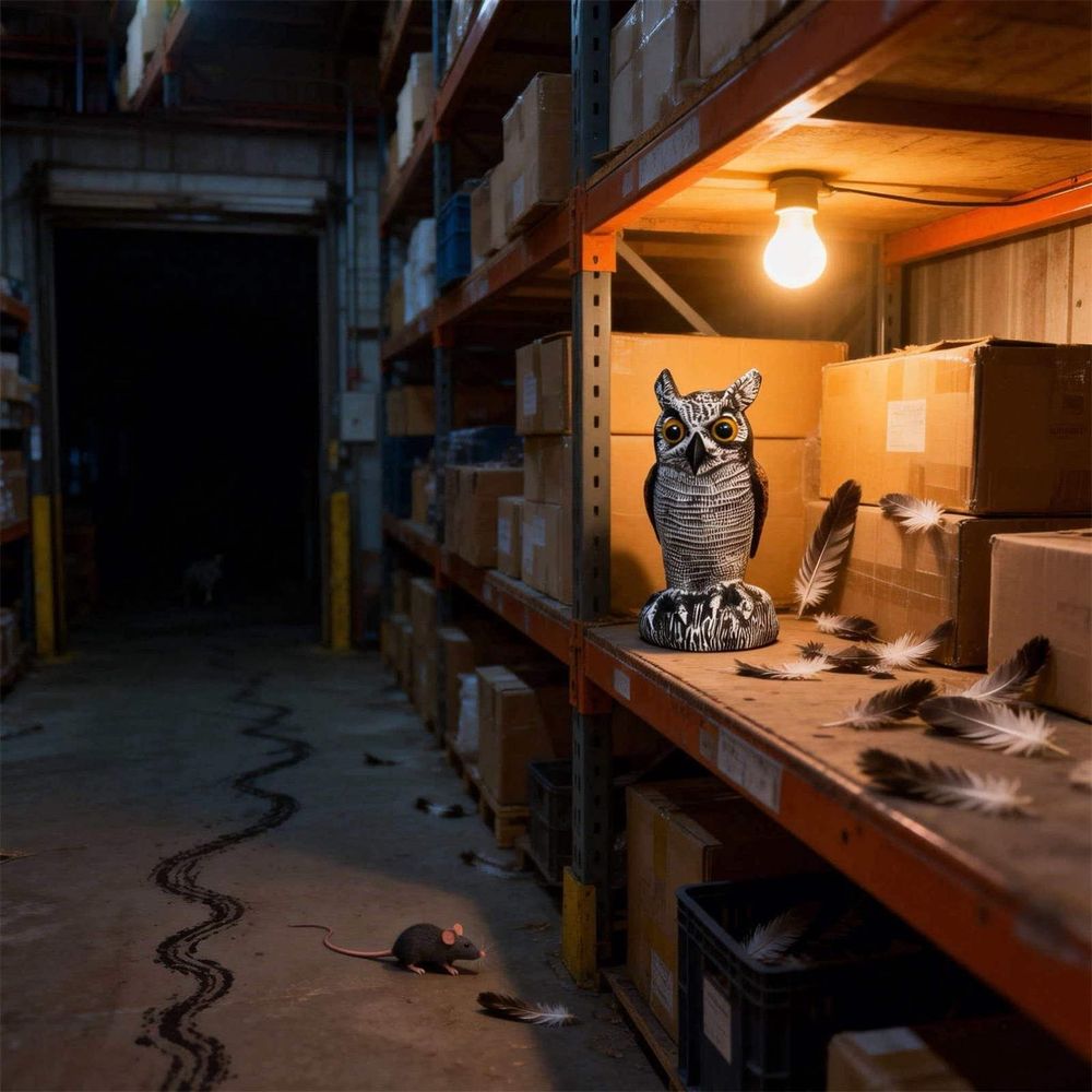 Weatherproof plastic owl decoy for gardens, designed to scare rodents and birds, ideal for outdoor farm, courtyard, and office decor.