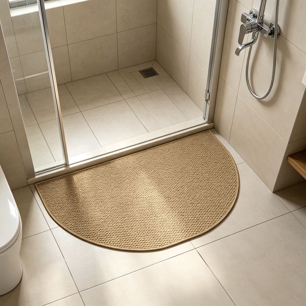 Semi-circular non-slip doormat with imitation sisal texture, waterproof and dirt-trapping, ideal for indoor outdoor use.