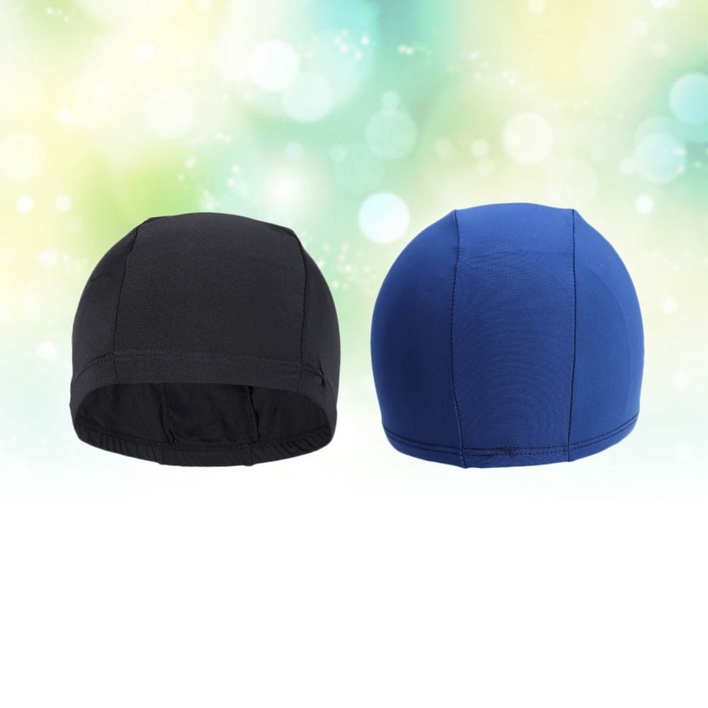 Two stretchable adult swim caps made of quick-dry polyester, designed for comfortable fit and water resistance.