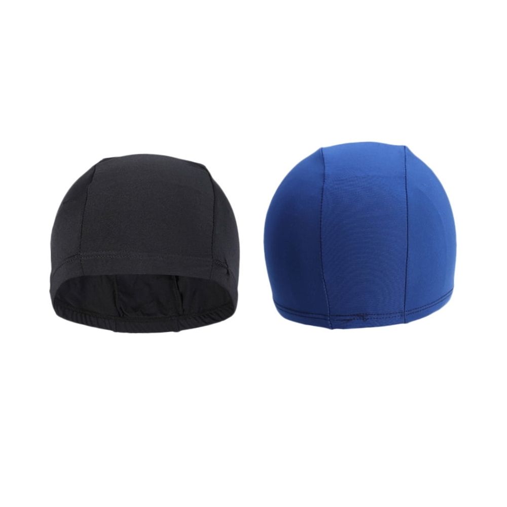Two stretchable swim caps for adults made of quick-dry polyester, designed for comfortable fit and water activity.
