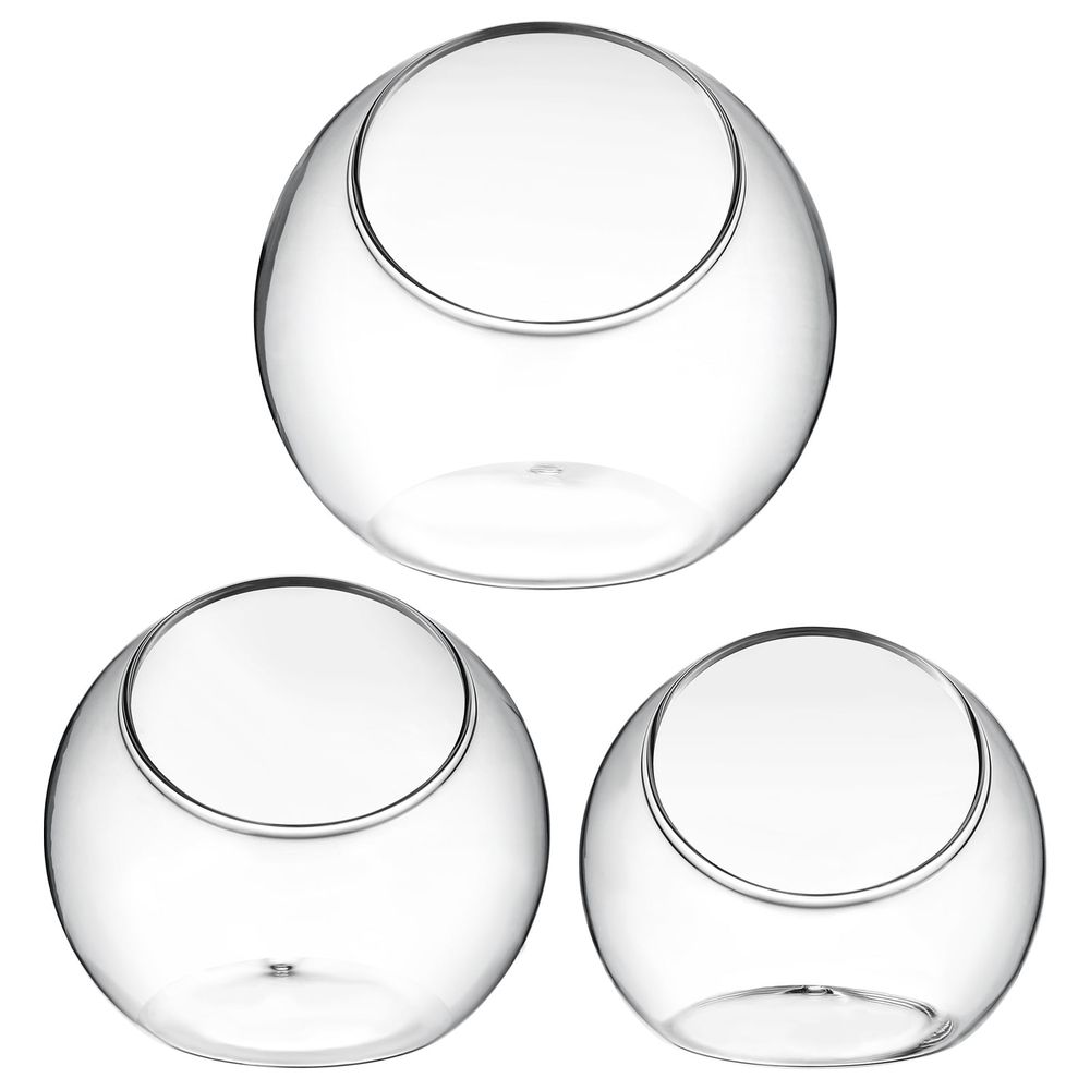 Three clear glass terrarium bowls with beveled openings, ideal for home decor or storage in pretend play setups.