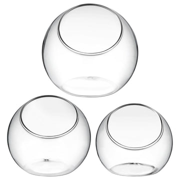 Three clear glass terrarium bowls with beveled openings, ideal for home decor or storage in pretend play setups.