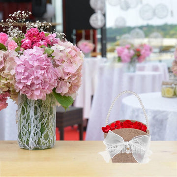 Portable Handheld Wedding Basket with Elegant Bow and Linen Material