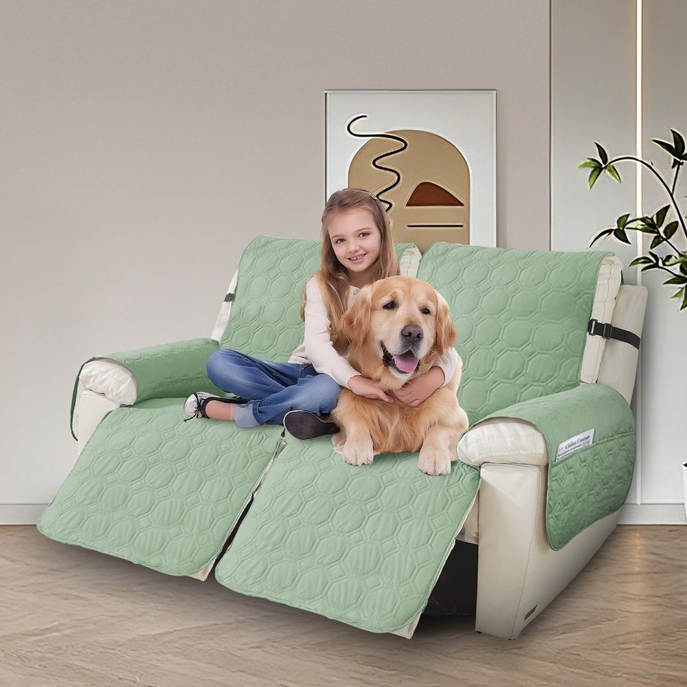 Dark blue waterproof recliner chair cover with pocket for small recliners, washable, non-slip, suitable for pet and baby recliner.