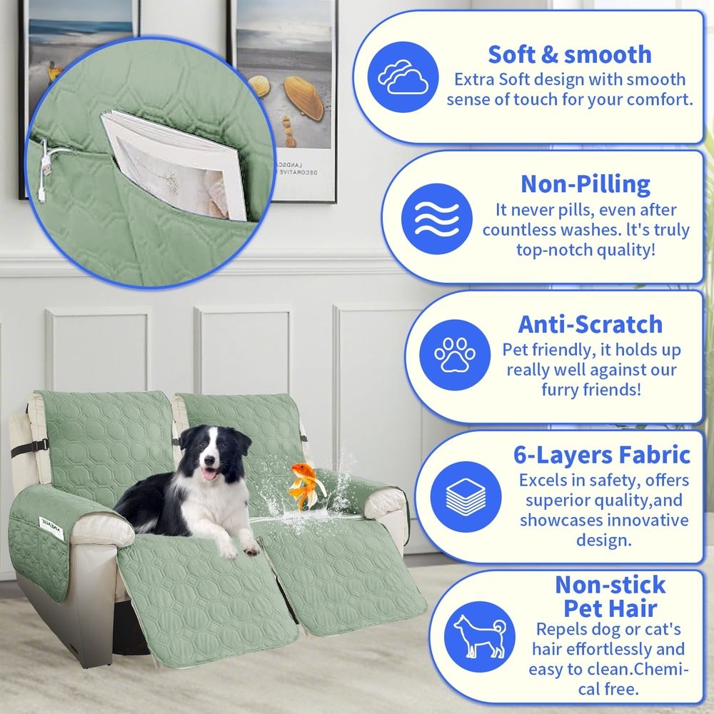 Dark blue waterproof recliner chair cover with pocket, non-slip design for small recliners, washable pet and baby lazy boy chair cover