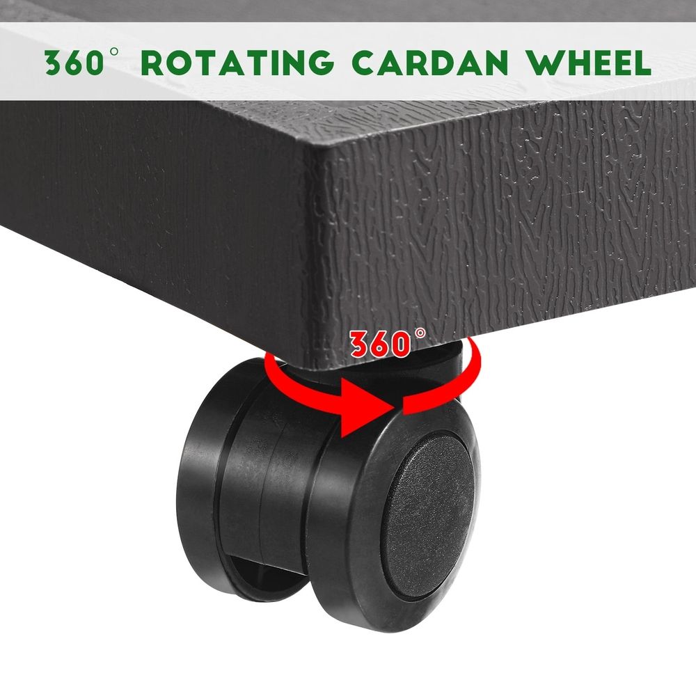 Gray plastic plant stand with wheels, suitable for indoor and outdoor use, designed for easy mobility and stable display.