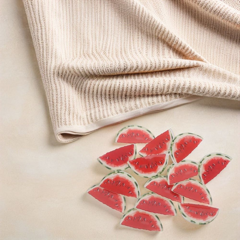 50-piece set of colorful watermelon acrylic pins featuring cute fruit designs, perfect as summer accessories for kids and girls.