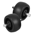 Two black plastic weighted umbrella base wheels with swivel casters, designed for patio stand mobility.