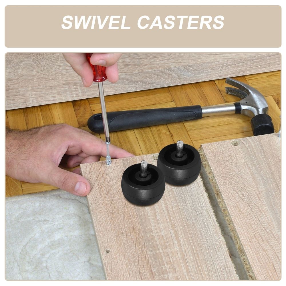 Two black plastic weighted umbrella base wheels with swivel casters for patio stands, suitable for outdoor furniture.