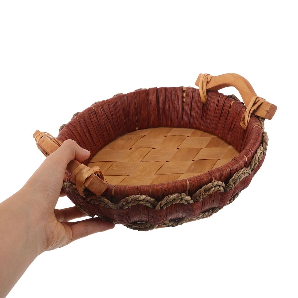 Round wicker coffee tray with handle, ideal for organizing bread, fruit, and snacks on a tabletop for baby and kids feeding.