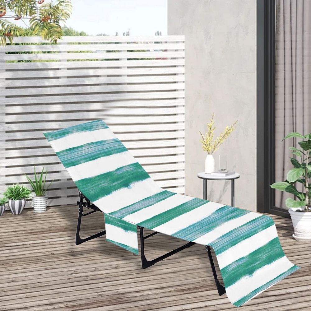 Durable microfiber beach chair cover with solid color and stripe design, lightweight and foldable for outdoor seaside relaxation.