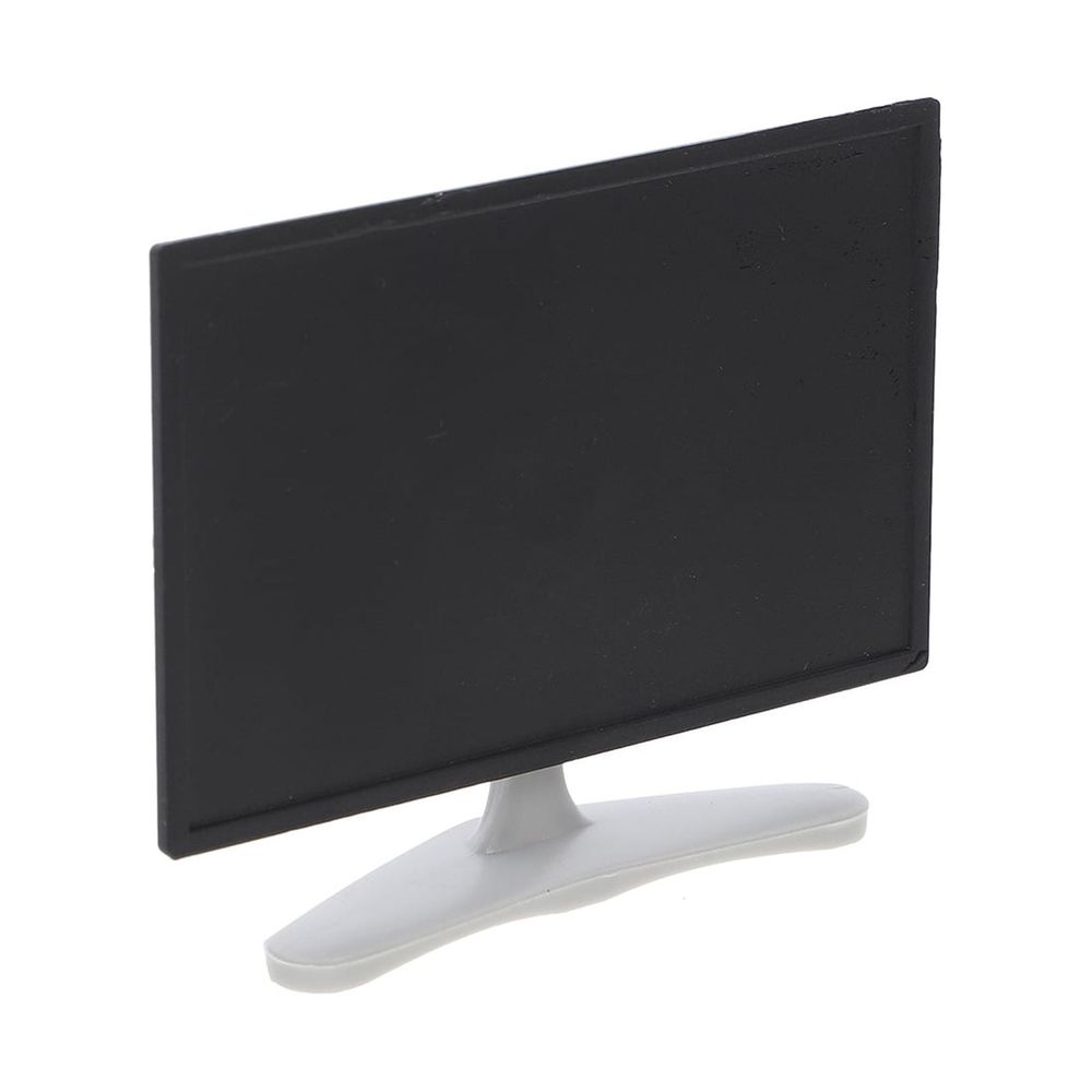 Black plastic miniature TV accessory for dollhouse decoration, realistic pretend play toy for kids' dollhouse setups.