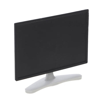 Black plastic miniature TV accessory for dollhouse decoration, realistic pretend play toy for kids' dollhouse setups.
