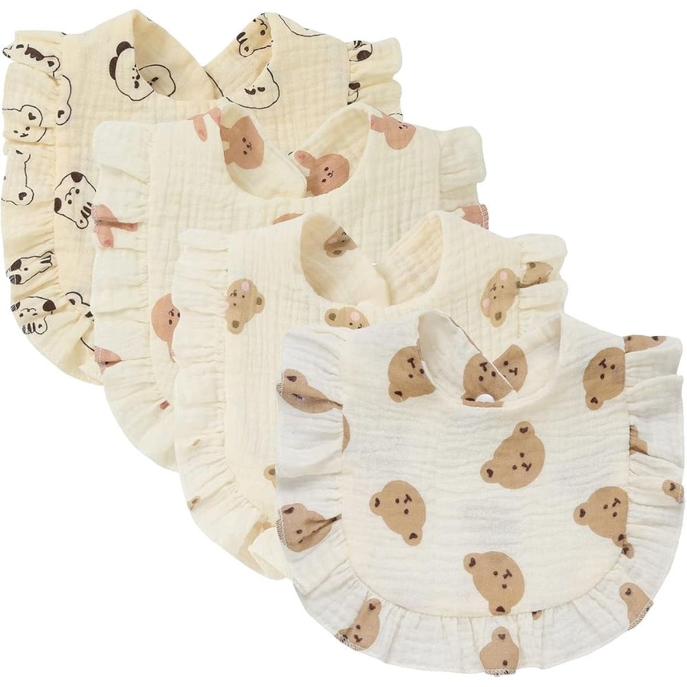 Set of four large muslin baby girl and boy bibs with lap shoulder design, ideal for teething and everyday wear by Everything Baby.