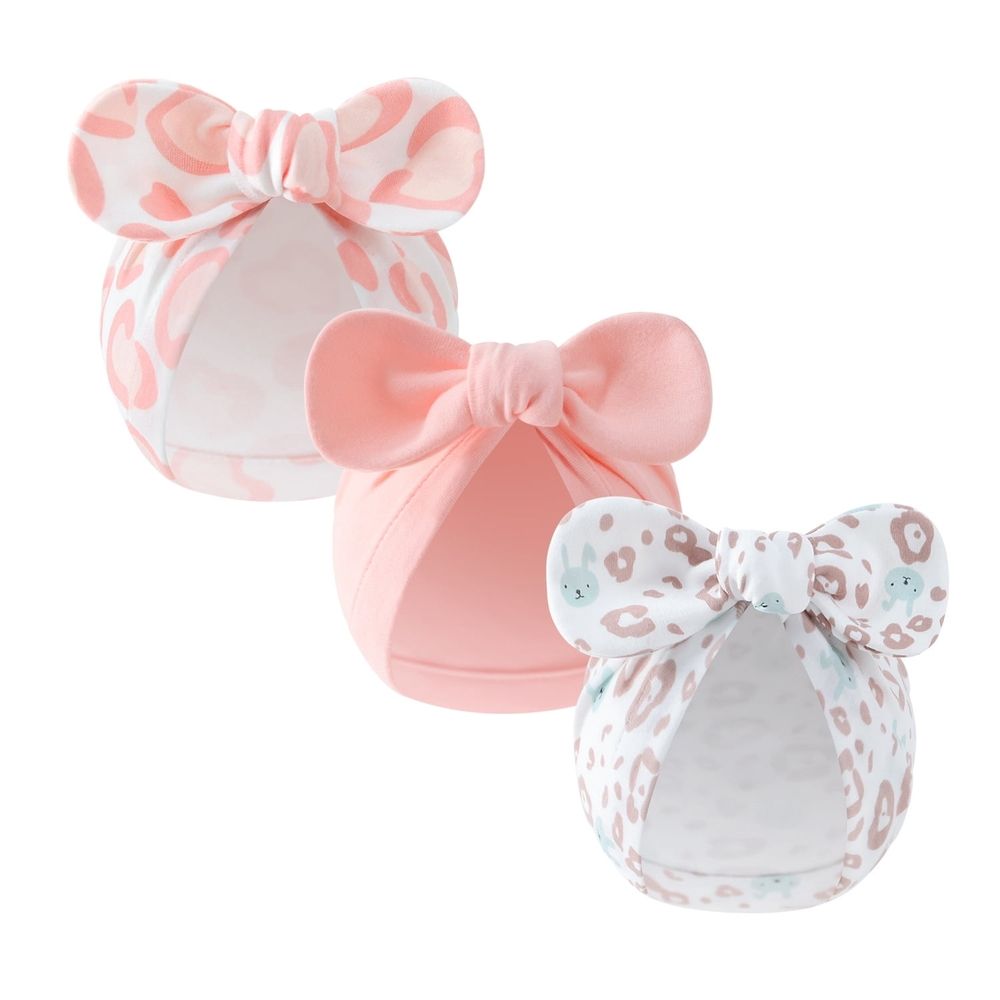 Three newborn baby girl beanie hats from Everything Baby with big bows, made of soft cotton for infants 0-6 months.