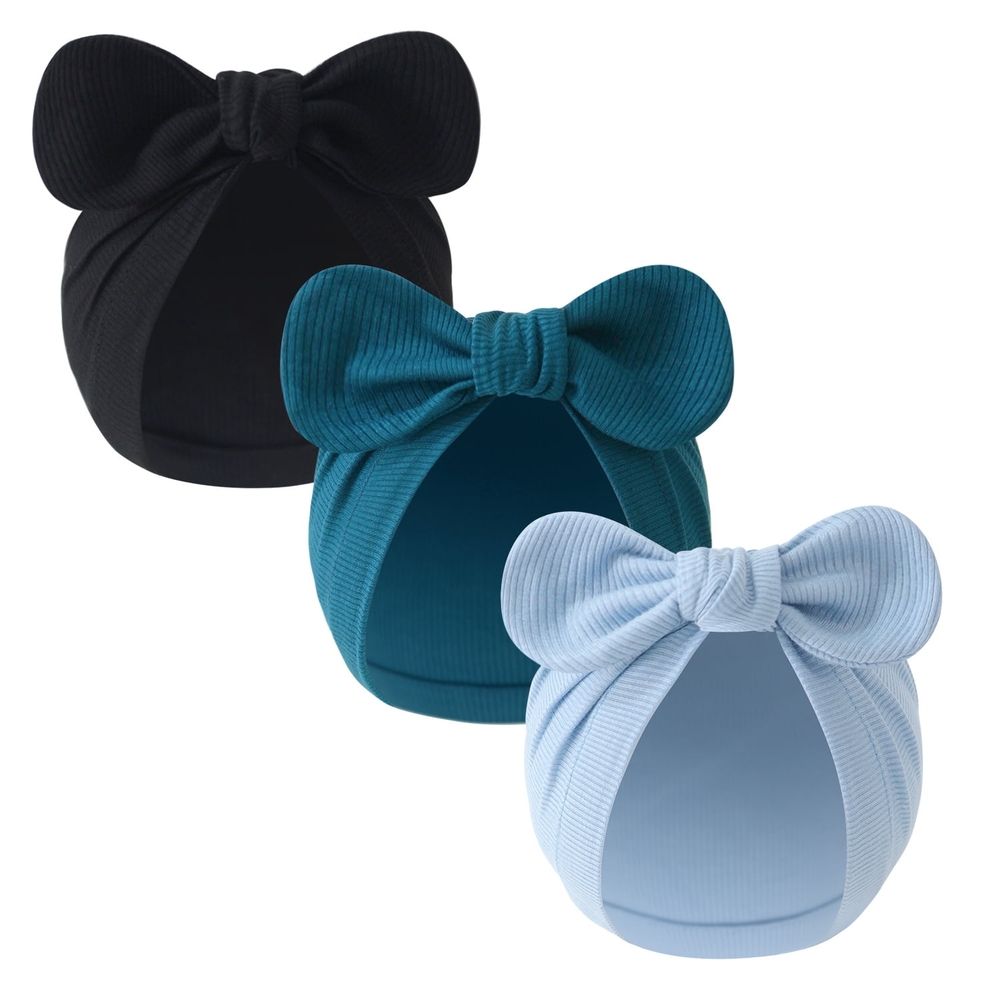 Three baby girls' turban hats with bows, newborn hospital caps and beanies for infants and toddlers, from Everything Baby.